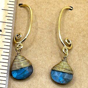 New 14K Yellow Gold Plated Blue Labradorite Gem Stone Long Earrings Pierced